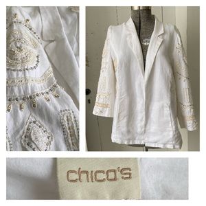 Chico's Linen Beaded Open Front Jacket